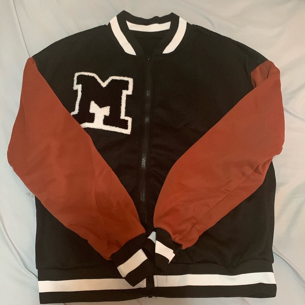 SHEIN MOOSTA Letter Patched Striped Trim Drop Shoulder Colorblock Bomber Jacket
